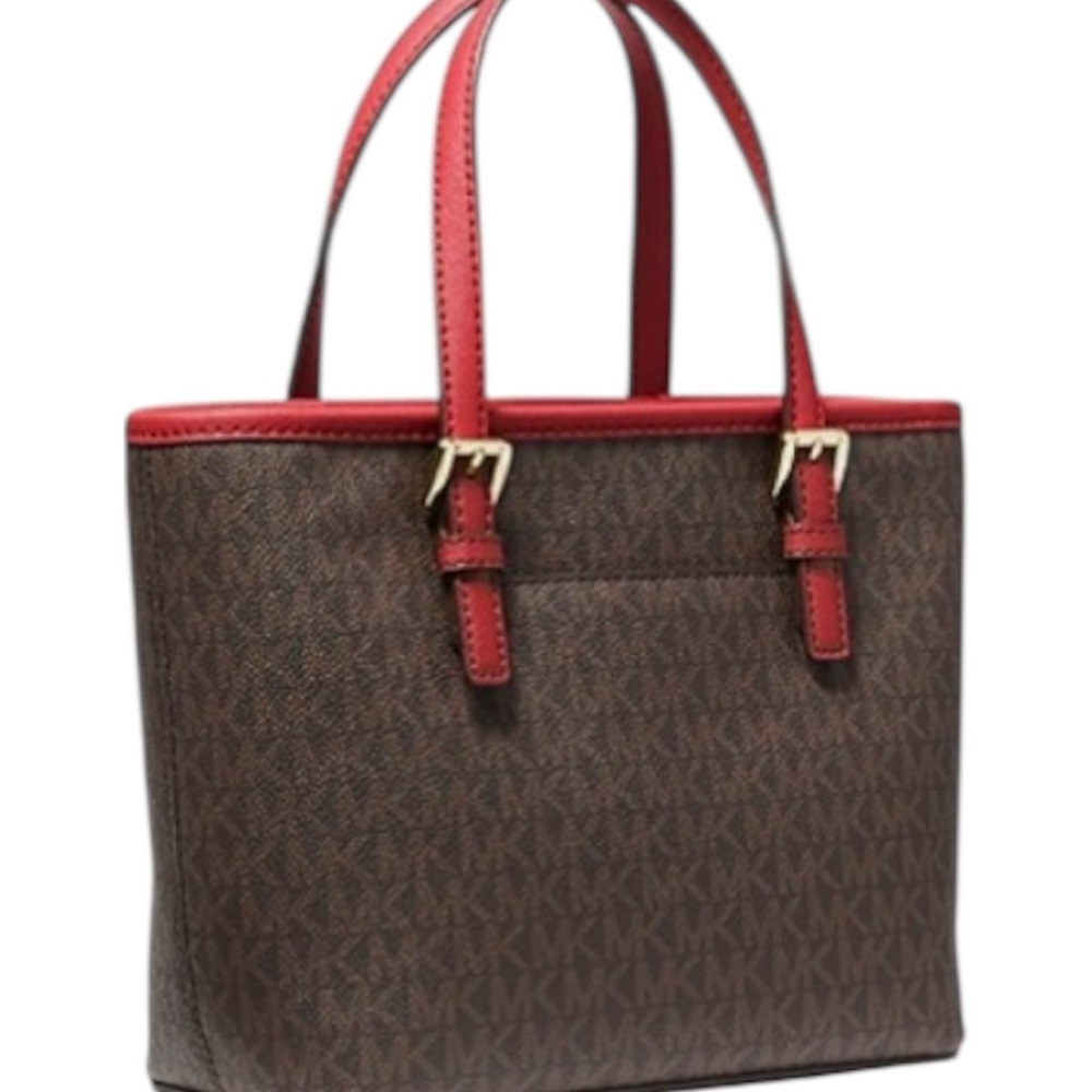 Michael Kors Jet Set Travel Signature Logo brown & red top zip small tote bag - Picture 2 of 15